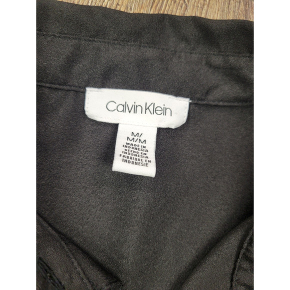 Calvin Klein Women Blouse Top Black Hi-Low Gold Button Sheer Medium Shirt - Picture 2 of 5